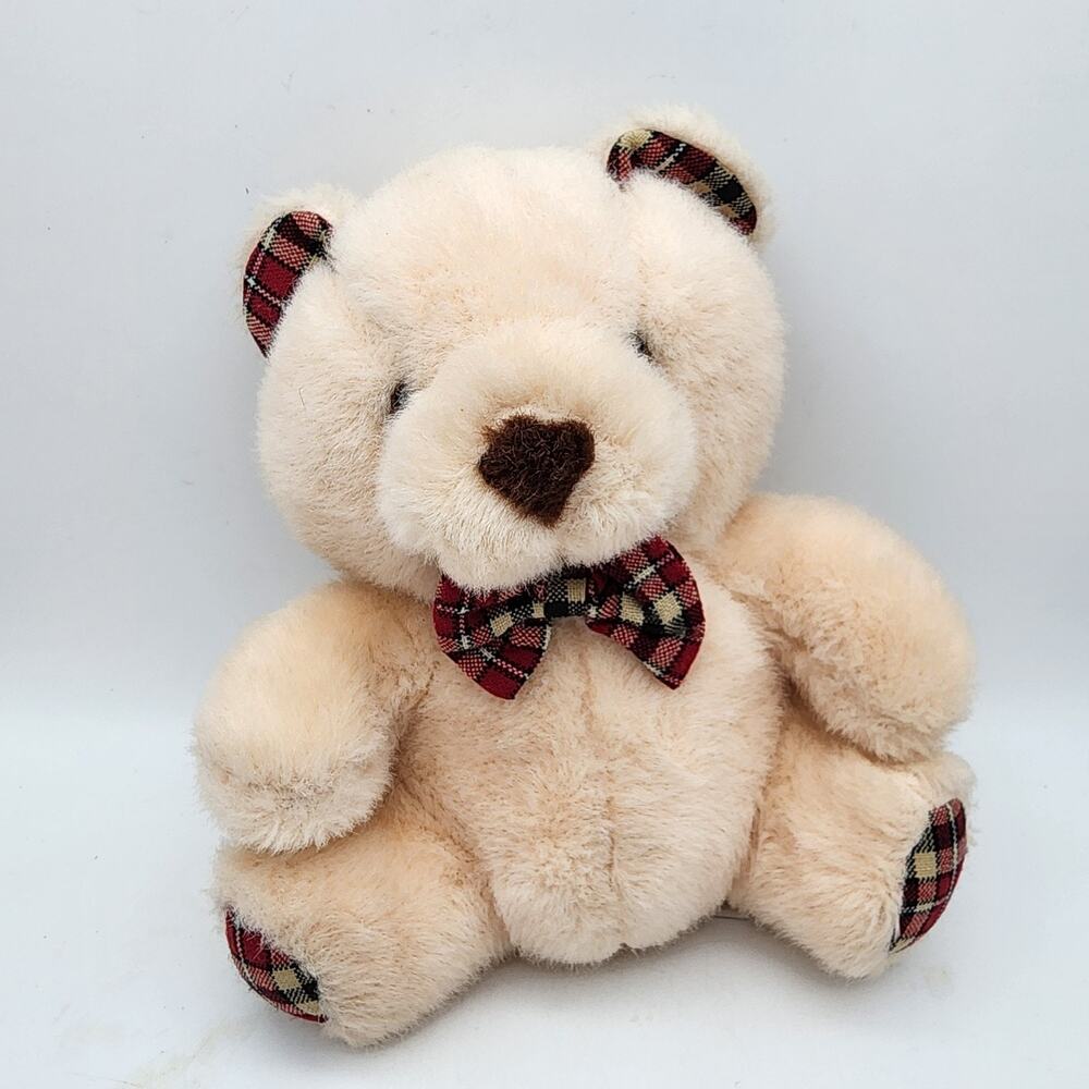 Vintage Teddy Bear Plush Stuffed Animal 10" Cream Fur Tartan Plaid Bow Ears 3766